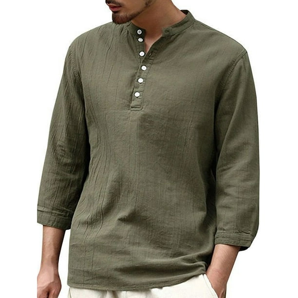Men's Linen Long Sleeve Plain T Shirt Casual Loose Shirts Button Down Tee Tops 